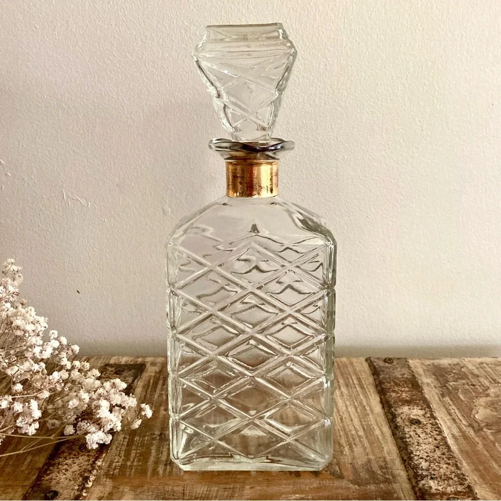 Mid-Century Glass Decanter with Diamond Pattern